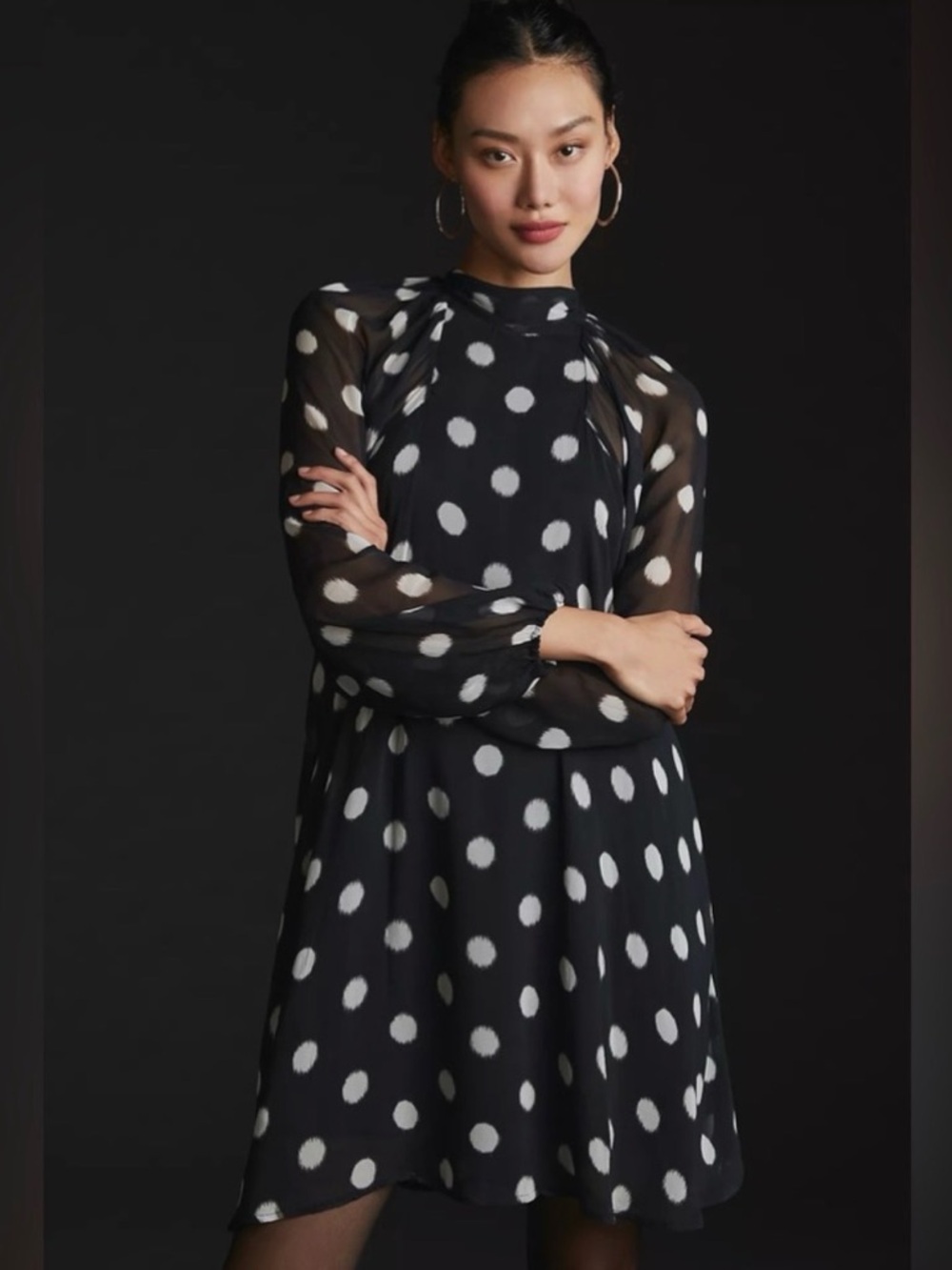 Maeve by Anthropologie Black White Knee Length Polka Dot Bow Tie Up Dress (XS) - Picture 5 of 7